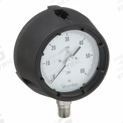 BOURDON Panel-Mount Pressure Gauge: 0 psi to 60 psi, White, 4 1/2 in Dial, 1/2 in NPT Male - All-Stainless Steel Wetted Parts & Casing