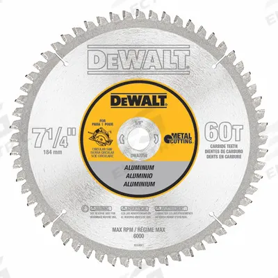 DEWALT Circular Saw Blade: 7 1/4 in Blade Dia., 60 Teeth, 0.08 in Cut Wd, 5/8 in Arbor Size - Aluminum & Soft Metal-Cutting Blades