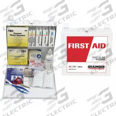 FIRST AID ONLY First Aid Kit and Housing: Industrial, 50 People Served, 195 Components, Metal (MPN 54622). Key specifications — Adhesive Bandages Included: (115) Bandages; Application: Industrial; Brand: FIRST AID ONLY; Housing Color: White; Housing Material: Metal; Includes Oral or Inhalant Medication: Medication Included; Mountable: Wall Mount; Oral and Inhalant Medicinals Included: (12) Aspirins.
