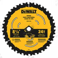 DEWALT Circular Saw Blade: 8 1/4 in Blade Dia., 24 Teeth, 0.07 in Cut Wd, 5/8 in Arbor Size, Ripping (MPN DWA181424). Key specifications — attr1116119: DEWALT; attr1145631: Wood.