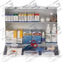 FIRST AID ONLY First Aid Kit and Housing: 347 Components, ANSI/ISEA Z308.1-2015, Type I/II, Class A (MPN 90572). Key specifications — ANSI Standard Met: ANSI/ISEA Z308.1-2015; Adhesive Bandages Included: (8) Knuckle Bandages; Oral and Inhalant Medicinals Included: (50) Aspirins; Topical Medicinals Included: (12) Burn Creams; Wound Dressings Included: Combine Dressing; Unitized: Unitized.
