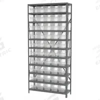 AKRO-MILS Bin Shelving: 36 in x 18 in x 79 in, 1 Sided, 36 Bins, Open, Shelf Bin, Clear, 11 Shelves (MPN AS1279090SC). Key specifications — Includes Bins: Yes; Bin Material: Polymer; Frame Color: Gray; Bin HxWxD: (36) 4 in x 11-1/8 in x 17-7/8 in; Frame Material: Steel; Bin Color: Clear; Bin Style: Shelf; Brand: AKRO-MILS.