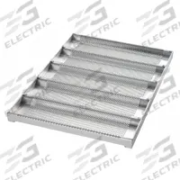 CHICAGO METALLIC Sub Sandwich Roll Pan: Aluminized Steel, 5 Slots, 17 3/4 in Overall Wd, 16 ga Gauge (MPN 49014). Key specifications — Pan Style: Half-Size Sub Sandwich Roll Pan; Brand: CHICAGO METALLIC; Color: Silver; Material: Aluminized Steel; NSF Certified: No; Number of Slots: 5.
