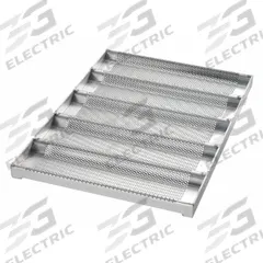 CHICAGO METALLIC Sub Sandwich Roll Pan: Aluminized Steel, 5 Slots, 17 3/4 in Overall Wd, 16 ga Gauge (MPN 49014). Key specifications — Pan Style: Half-Size Sub Sandwich Roll Pan; Brand: CHICAGO METALLIC; Color: Silver; Material: Aluminized Steel; NSF Certified: No; Number of Slots: 5.