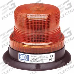 ECCO Beacon Light: Flashing Beacon, Amber, 3 7/8 in Overall Ht, LED, 12-80V DC (MPN 6465A). Key specifications — Operating Voltage: 12-80V DC; Number of Flash Patterns: 80 FPMx8; Includes: Mounting Hardware; Electrical Connection: Blunt Cut Wires; Mount Type: Bolt; Brand: ECCO; Shape: Round; Lighting SAE Class Rating: SAE Class 3.