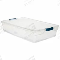 RUBBERMAID Storage Tote: 10.3 gal, 29 in x 17 3/4 in x 6 1/8 in, Clear Body, Clear Lid, 10 to 20 gal (MPN RMCC410001). Key specifications — attr1188666: Plastic; attr1188671: Rounded; attr1188675: Clear; attr1188676: Clear; attr1188687: RUBBERMAID; attr1188688: Not NSF Certified; attr1188689: Nesting Capable.