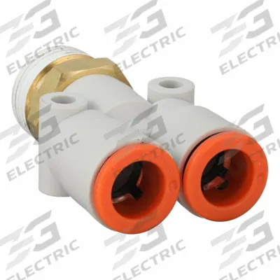 SMC Push-Fit Wye Fitting: 3/8 in OD x 3/8 in OD x 3/8 in Pipe x 3/8 in Pipe Size - Polybutylene & Brass Tube Fittings