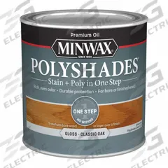 MINWAX Wood Stain: Wood Stain and Sealer, Interior, Oil, 0.5 pt Container Size, Wood, Gloss, 1 Step (MPN 214704444). Key specifications — Brand: MINWAX; Transparency: Semi-Transparent; Use Location: Interior; Sheen: Gloss; Sub-Brand: PolyShades; Color: Classic Oak.