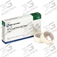 FIRST AID ONLY First Aid Tape: White, 5 yd Roll Lg, 1/2 in Tape Wd, Refill, 2 PK (MPN 8-001). Key specifications — Unitized: Bulk; Brand: FIRST AID ONLY; Manufacturer Part Number: 8-001; Elasticity: Non-Elastic; Sterility: Non-Sterile; Adhesiveness: Adhesive; Latex Content: Latex Free; Standards: ANSI Z308.1-2015.