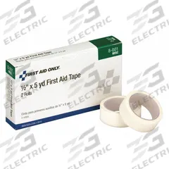 FIRST AID ONLY First Aid Tape: White, 5 yd Roll Lg, 1/2 in Tape Wd, Refill, 2 PK (MPN 8-001). Key specifications — Unitized: Bulk; Brand: FIRST AID ONLY; Manufacturer Part Number: 8-001; Elasticity: Non-Elastic; Sterility: Non-Sterile; Adhesiveness: Adhesive; Latex Content: Latex Free; Standards: ANSI Z308.1-2015.