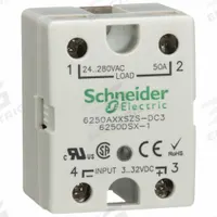 SCHNEIDER Solid State Relay: Surface Mounted, 50 A Max Output Current, SCR, AC Output (MPN 6250AXXSZS-DC3). Key specifications — Brand: SCHNEIDER; Current Type: DC; Electrical Connection: Screw Clamp; Finger Safe: Yes; Input Current: 5 to 40 mA; Maximum Output Current without Heat Sink: 12 A; Mounting Style: Panel; Output Voltage: 24 to 280V AC.