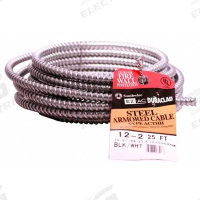SOUTHWIRE Metal Clad Cable: 12 AWG, 2 Conductors, Copper, 25 ft, Galvanized Steel - Armored Cables with Bonded Aluminum Wires
