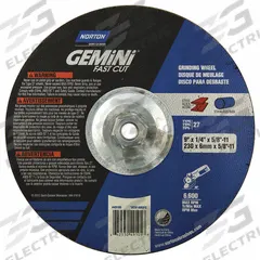 NORTON Depressed Center Grinding Wheel: Type 27, 9" x 1/4" x 5/8"-11, Aluminum Oxide, 24 Grit (MPN 66253049105). Key specifications — Series: Gemini Fast Cut; Brand: NORTON.