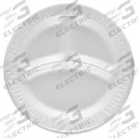 DART Disposable Foam Plate: White, Light-Wt, 9 in Disposable Plate Size, 3 Compartments, 500 PK (MPN 9CPWC). Key specifications — Shape: Round; Coating/Lining: Uncoated/Unlined; Material: Foam; Microwave Safe: No; Pattern: Patternless; Product Type: Dinner Plate; Brand: DART.