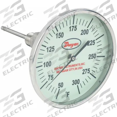 Dwyer Glow-in-the-Dark Dial Thermometer: 50°F to 300°F, +/- 1% Accuracy, 5 in Dial Dia - Adjustable-Angle Glow-in-the-Dark Thread-Mount Dial Thermometers