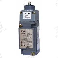 EATON Plunger Limit Switch: Plunger Actuator, Momentary/Momentary, Metallic, 8 ozf Op Force - Min (MPN E50AT2). Key specifications — Manufacturer Part Number: E50AT2; Brand: EATON; Electrical Connection: Screw Terminals; Action: Momentary/Momentary; Series: E50; Body Material Type: Metallic; Actuator Type: Plunger.
