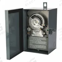TORK Electromechanical Timer: 24 hr, 208-277V AC, 3PST, Mechanical (MPN 7302). Key specifications — Body Material: Metal; Indoor/Outdoor Usage: Outdoor; Mounting Style: Surface; Brand: TORK.