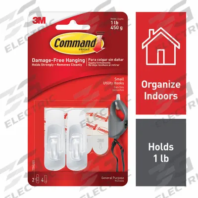 COMMAND Utility Hook: 1 lb Wt Capacity, 1 Points per Hook, White, 2 in Overall Ht - Adhesive-Backed Utility Hooks