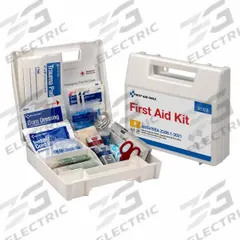 FIRST AID ONLY First Aid Kit and Housing: 94 Components, ANSI/ISEA Z308.1-2021, Type I/II, Class A (MPN 91326). Key specifications — ANSI Standard Met: ANSI/ISEA Z308.1-2021; Adhesive Bandages Included: (32) Bandages; Oral and Inhalant Medicinals Included: No Oral/Inhalant Medicinals; Topical Medicinals Included: (10) Triple Antibiotic Ointment Packets; Wound Dressings Included: (4) Gauze Pads; Unitized: Bulk.