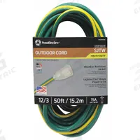 SOUTHWIRE Extension Cord: Outdoor Use, 50 ft Lg, Outlet, 5-15P, 12/3, SJTW, Green/Yellow, 125V AC (MPN 2548SW0052). Key specifications — Brand: SOUTHWIRE; Temperature Rating: -40° to 140°F; NEMA Plug Configuration: 5-15P.