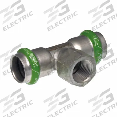 APOLLO Crimp Tee Fitting: 2 in Pipe x 1 in Pipe x 2 in CTS Size, Press-fit x FNPT x Press-fit - Potable Water Stainless Steel Press Fittings
