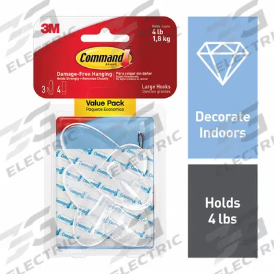 COMMAND Hook: 4 lb Wt Capacity, 1 Points per Hook, Clear, 3 11/32 in Overall Ht - Adhesive-Backed Utility Hooks