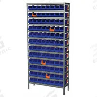 AKRO-MILS Bin Shelving: 36 in x 12 in x 79 in, 1 Sided, 96 Bins, Open, Shelf Bin, Blue/Orange (MPN AS127936442B). Key specifications — Includes Bins: Yes; Bin Material: Polymer; Frame Color: Gray; Bin HxWxD: (96) 4 in x 4-1/4 in x 11-5/8 in; Frame Material: Steel; Bin Color: Blue; Orange; Bin Style: Shelf.