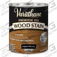 VARATHANE Wood Stain: Wood Stain, Interior, Oil, 1 qt Container Size, Wood, Satin, Provincial (MPN 211717H). Key specifications — Brand: VARATHANE; Transparency: Semi-Transparent; Use Location: Interior; Sheen: Satin; Sub-Brand: Varathane; Color: Provincial.