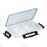PLANO MOLDING Compartment Box: 10 3/4 in x 7 1/2 in x 1 3/4 in, Clear, 20 Compartments, Cam Action (MPN 364010). Key specifications — ESD Conductive: Not Electrostatic Discharge Conductive; Color: Clear; Brand: PLANO MOLDING; Material: Plastic.