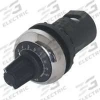 EATON Potentiometer: 22 mm Panel Mounting Size, 10,000 ohm Max Resist Rating, Series M22 (MPN M22M-R10K). Key specifications — Manufacturer Part Number: M22M-R10K; Series: M22; Brand: EATON; Includes Dial Plate: Dial Plate Included; Knob Style: Standard; Bezel Style: Metallic (Chrome).