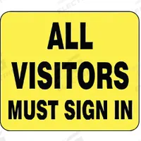 TENSABARRIER Acrylic Sign: Yellow, All Visitors Must Sign In Message, 11 in Overall Lg (MPN SG2-35-1114-250-H). Key specifications — Brand: TENSABARRIER; Color: Yellow; Message: All Visitors Must Sign In; For Use With: Sign Frames; Material: Acrylic.