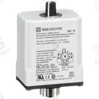 SCHNEIDER Single Function Time Delay Relay: Socket Mounted, 110V AC, 10 A, 11 Pins/Terminals (MPN 9050JCK21V20). Key specifications — Contact Rating (AC): 10 A @ 120/240V; Brand: SCHNEIDER.