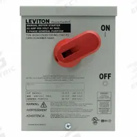 LEVITON Manual Motor Controller: 3 Poles, 60 A, 3R NEMA Rating, Non-Metallic Enclosure (MPN N3603). Key specifications — Brand: LEVITON; Maximum Voltage Rating: 600V AC; Mounting Style: Surface; Pilot Light: Not Included.