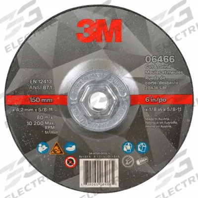 3M Cut-Off & Grinding Wheel: Type 27, 6" x 1/8" x 5/8"-11, Ceramic, 36 Grit - Cool-Cutting Combination Wheels for Carbon & Stainless Steel