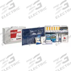 FIRST AID ONLY First Aid Kit and Housing: Gen Purpose, 75 People Served, 355 Components, Metal (MPN 59031). Key specifications — Adhesive Bandages Included: (40) Knuckle Bandages; Application: General Purpose; Brand: FIRST AID ONLY; Housing Color: White; Housing Material: Metal; Includes Oral or Inhalant Medication: Medication Included; Mountable: Wall Mount; Oral and Inhalant Medicinals Included: (100) Non-Aspirin Pain Relievers.