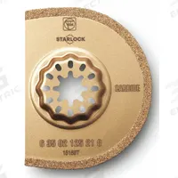 FEIN Oscillating Scraper Blade: 3 in Blade Wd, 3 in Blade Lg, Carbide Grit, Starlock Connection (MPN 63502125210). Key specifications — attr1097676: FEIN; attr1097658: Carbide Grit; attr1097655: Rounded.