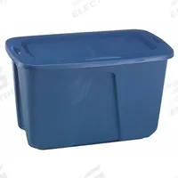 HOMZ Storage Tote: 32 gal, 31 7/8 in x 20 in x 17 3/4 in, Blue Body, Blue Lid, Not NSF Certified (MPN 6630GRRB.06). Key specifications — Material: Plastic; Edge/Corner Design: Rounded; Body Color: Blue; Lid Color: Blue; Brand: HOMZ; NSF Certified: Not NSF Certified; Nestable: Nesting Capable.