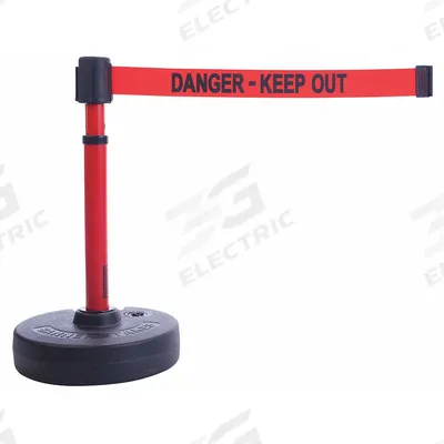 BANNER STAKES Barrier Post with Belt: Red, No Pattern, Danger Keep Out, 15 ft Belt Lg - Message Retractable Belt Post Barriers