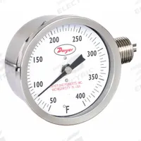 DWYER Dial Thermometer: 50°F to 400°F, ±2%Full Scale Accuracy, 2.5 in Stem Lg, 3 in Dial Dia (MPN BTLR325121). Key specifications — Accuracy: ±2 % Full Scale; Brand: DWYER.