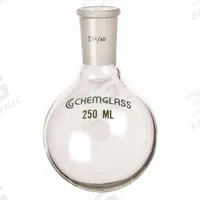 CHEMGLASS Boiling Flask: 25 mL, Colorless, Round, A, 24/40 Compatible with Stopper Size (MPN CG-1506-16). Key specifications — Shape: Round; Body Color: Colorless; Brand: CHEMGLASS; Compatible with Stopper Size: 24/40; USP Specification: Type I.