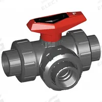 GF PIPING SYSTEMS Manual Three-Way Ball Valve: 1 1/4 in, PVC, L Flow, FNPT x FNPT x FNPT, Two-Piece (MPN 161543105). Key specifications — Brand: GF PIPING SYSTEMS; Handle: Locking Lever.
