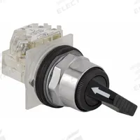 SCHNEIDER Selector Switch: 30 mm Panel Mounting Size, 2 Positions, Extended Lever, SPDT, Metallic (MPN 9001KS11FBH1). Key specifications — AC Contact Rating: 1.5 A @ 480 V; Action: Maintained/Maintained; Cam: E; DC Contact Rating: 0.27 A @ 250 V; Hazardous Location Specification: Not Rated; Operator Head Material: Polycarbonate; Operator Head Type: Long-Handled Knob; Operator Illumination: Non-Illuminated.