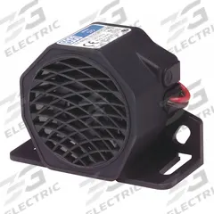 ECCO Vehicle Backup Alarm: Fixed, Multi-Freq, 97 dB Max Sound Level, 12-24V DC, 4 in Lg, 1 5/8 in Wd (MPN EA5200). Key specifications — Alarm Tone Type: Multi-Frequency; Mount Type: Bolt; Connector Type: 16 AWG Blunt Cut Wire; Brand: ECCO; SAE Type Rating: Type C; Operating Voltage: 12-24V DC.