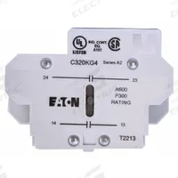 EATON Auxiliary Contact: 2NC, 10 A Max Current (AC), Side Mount, Side-Mounted (MPN C320KG5). Key specifications — Brand: EATON; Compatible with Series: A27 Definite Purpose Starters.