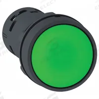 SCHNEIDER Flush Push Button: Green, 22 mm Mounting Size, Non-Metallic, Momentary (MPN XB7NA33). Key specifications — Brand: SCHNEIDER; Action: Momentary; Series: XB7; Push Button Material Type: Non-Metallic.