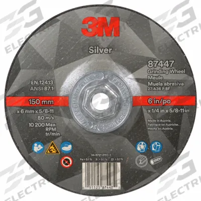 3M Depressed Center Grinding Wheel: Type 27, 6" x 1/4" x 5/8"-11, Ceramic - Cool-Cutting Grinding Wheels for Carbon & Stainless Steel
