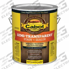 CABOT Wood Stain and Sealer: Exterior, Oil, 1 gal Container Size, Wood, Flat, Cordovan Leather (MPN 140.0000337.007). Key specifications — Brand: CABOT; Transparency: Semi-Transparent; Use Location: Exterior; Sheen: Flat; Sub-Brand: Semi-Transparent; Color: Cordovan Leather.