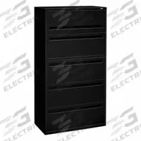 HON Lateral File Cabinet with Drawer: Black, 5 Drawers, 64 1/4 in Overall Ht, 18 in Overall Dp (MPN H785.L.P). Key specifications — attr988670: Unfinished; attr988694: Steel; attr988716: Lateral File Cabinet with Drawer; attr988691: Integrated; attr988652: HON; attr988656: Black; attr988720: Handle.