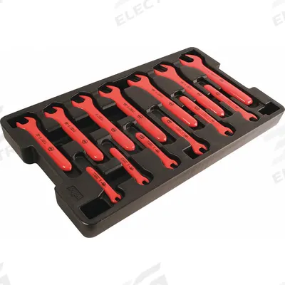 WIHA Open End Wrench Set: Alloy Steel, Urethane Insulated, 13 Tools, 10° Opening Angle (Deg.) - SAE, Single End, Open End Wrench Sets