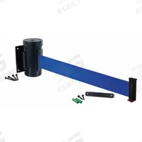 RETRACTA-BELT Wall Mounted Retractable Belt Barrier: Fixed Mounting Plate, 10 ft Belt Lg, Pattern (MPN WM700SB-BL-RE). Key specifications — Frame Color: Black; Brand: RETRACTA-BELT; Belt Color: Blue.